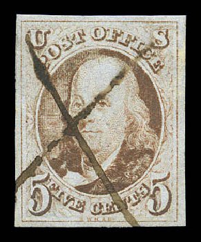 Prices of US Stamp Scott Catalog #1 - 1847 5c Franklin. Matthew Bennett International, Sep 2010, Sale 333, Lot 3241