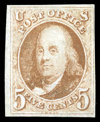 Value of US Stamp Scott 1 - 5c 1847 Franklin. Matthew Bennett International, Sep 2011, Sale 338, Lot 1661