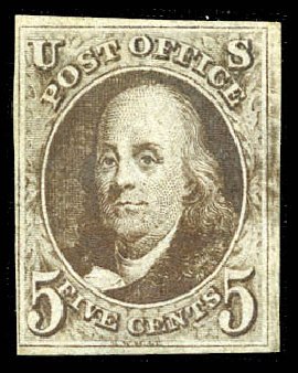 Costs of US Stamp Scott Cat. # 1 - 1847 5c Franklin. Matthew Bennett International, Feb 2012, Sale 340, Lot 21