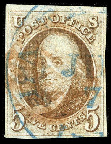 US Stamps Price Scott Catalog #1: 1847 5c Franklin. Matthew Bennett International, Mar 2012, Sale 344, Lot 4171