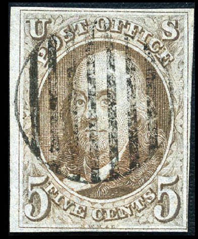 Price of US Stamp Scott # 1: 1847 5c Franklin. Matthew Bennett International, Mar 2012, Sale 344, Lot 4181