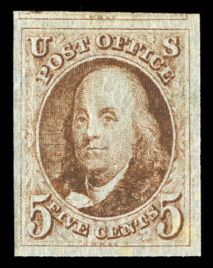 Values of US Stamps Scott Catalogue #1 - 1847 5c Franklin. Matthew Bennett International, Sep 2012, Sale 345, Lot 1