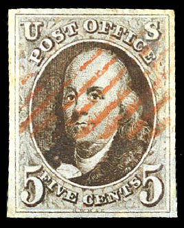 Price of US Stamps Scott Catalogue # 1: 5c 1847 Franklin. Matthew Bennett International, Feb 2015, Sale 351, Lot 1