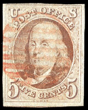 US Stamp Value Scott 1 - 1847 5c Franklin. Cherrystone Auctions, Sep 2008, Sale 200809, Lot 1