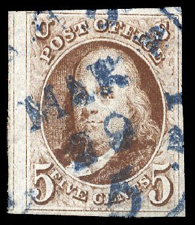 Values of US Stamps Scott Catalogue # 1: 1847 5c Franklin. Cherrystone Auctions, Apr 2009, Sale 200904, Lot 1