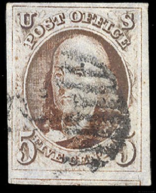 Value of US Stamp Scott Catalogue # 1 - 5c 1847 Franklin. Cherrystone Auctions, Sep 2010, Sale 201009, Lot 1