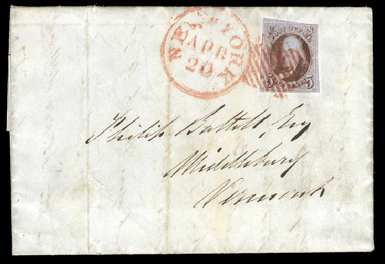 Values of US Stamps Scott 1: 1847 5c Franklin. Cherrystone Auctions, Feb 2011, Sale 201102, Lot 1