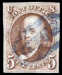 US Stamps Value Scott Cat. # 1 - 1847 5c Franklin. Cherrystone Auctions, Jun 2011, Sale 201106, Lot 1
