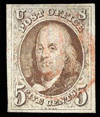 US Stamp Value Scott Catalog # 1: 5c 1847 Franklin. Cherrystone Auctions, Dec 2011, Sale 201112, Lot 1