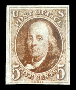 Values of US Stamps Scott Cat. #1: 5c 1847 Franklin. Cherrystone Auctions, Jul 2013, Sale 201307, Lot 1