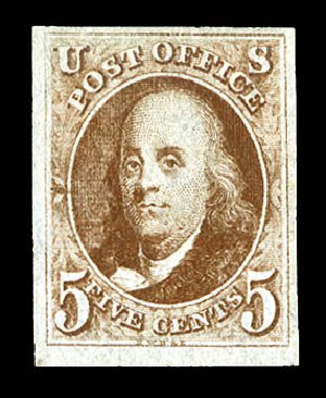 Value of US Stamp Scott Cat. # 1 - 1847 5c Franklin. Cherrystone Auctions, Jul 2015, Sale 201507, Lot 2001