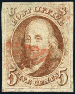 Cost of US Stamp Scott Catalogue # 1: 5c 1847 Franklin. Harmer-Schau Auction Galleries, Jan 2014, Sale 100, Lot 391
