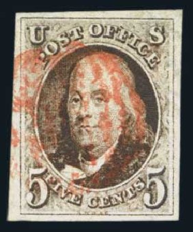Cost of US Stamp Scott Catalogue 1: 1847 5c Franklin. Harmer-Schau Auction Galleries, Aug 2014, Sale 102, Lot 1591