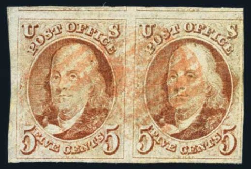 Values of US Stamp Scott # 1: 1847 5c Franklin. Harmer-Schau Auction Galleries, Aug 2014, Sale 102, Lot 1601