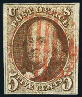 US Stamps Prices Scott Catalog # 1: 1847 5c Franklin. Harmer-Schau Auction Galleries, May 2015, Sale 105, Lot 101