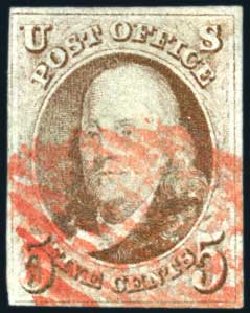 Costs of US Stamps Scott #1: 1847 5c Franklin. Harmer-Schau Auction Galleries, Jun 2008, Sale 78, Lot 1221