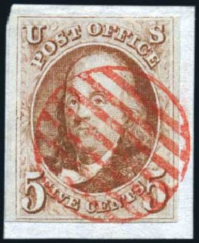 US Stamps Values Scott 1: 1847 5c Franklin. Harmer-Schau Auction Galleries, Feb 2009, Sale 80, Lot 1071