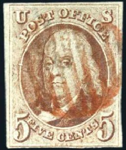 US Stamp Values Scott Catalog # 1 - 1847 5c Franklin. Harmer-Schau Auction Galleries, Apr 2009, Sale 81, Lot 521