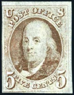 US Stamps Values Scott Cat. #1 - 1847 5c Franklin. Harmer-Schau Auction Galleries, Oct 2009, Sale 83, Lot 261