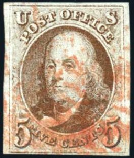Values of US Stamp Scott Cat. #1 - 5c 1847 Franklin. Harmer-Schau Auction Galleries, Feb 2010, Sale 84, Lot 1211
