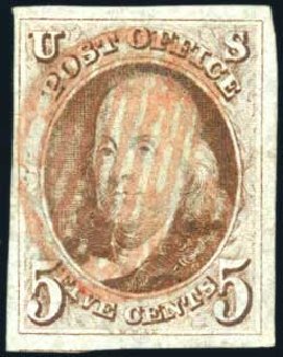 Prices of US Stamp Scott Catalogue # 1 - 5c 1847 Franklin. Harmer-Schau Auction Galleries, Jul 2010, Sale 86, Lot 311