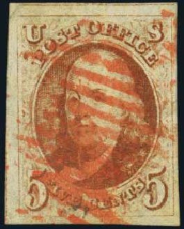 US Stamps Values Scott Catalogue 1: 5c 1847 Franklin. Harmer-Schau Auction Galleries, Oct 2011, Sale 91, Lot 161