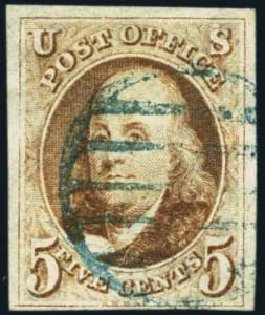 US Stamp Value Scott Catalogue #1: 1847 5c Franklin. Harmer-Schau Auction Galleries, May 2012, Sale 93, Lot 231