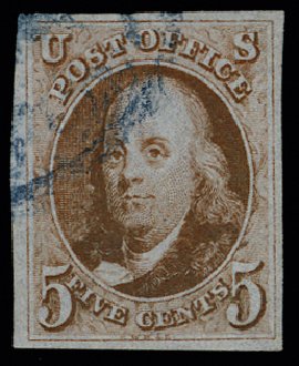 US Stamp Value Scott Catalogue # 1 - 5c 1847 Franklin. H.R. Harmer, May 2014, Sale 3005, Lot 1011
