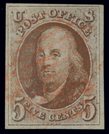 US Stamps Prices Scott # 1: 1847 5c Franklin. Daniel Kelleher Auctions, Feb 2013, Sale 634, Lot 1