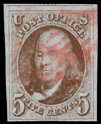 US Stamps Value Scott Catalogue 1: 5c 1847 Franklin. Daniel Kelleher Auctions, Feb 2013, Sale 634, Lot 511