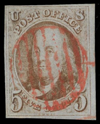Values of US Stamp Scott Catalog #1: 5c 1847 Franklin. Daniel Kelleher Auctions, Feb 2013, Sale 634, Lot 521