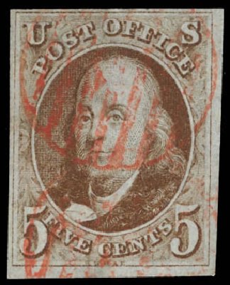 US Stamps Price Scott Cat. #1 - 1847 5c Franklin. Daniel Kelleher Auctions, Feb 2013, Sale 634, Lot 531