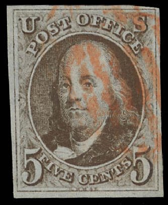 US Stamp Prices Scott Cat. # 1: 1847 5c Franklin. Daniel Kelleher Auctions, Feb 2013, Sale 634, Lot 541