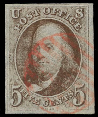 Values of US Stamps Scott #1 - 5c 1847 Franklin. Daniel Kelleher Auctions, Feb 2013, Sale 634, Lot 551