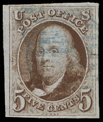 US Stamps Values Scott Catalog 1 - 1847 5c Franklin. Daniel Kelleher Auctions, Feb 2013, Sale 634, Lot 561