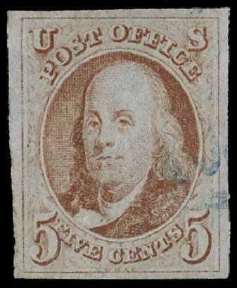 US Stamp Price Scott Catalog #1: 1847 5c Franklin. Daniel Kelleher Auctions, Feb 2013, Sale 634, Lot 621