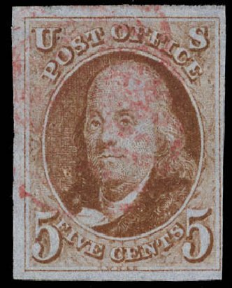 US Stamp Prices Scott Catalog #1: 1847 5c Franklin. Daniel Kelleher Auctions, Feb 2013, Sale 634, Lot 701