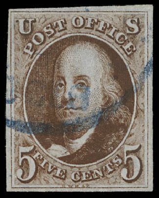 Values of US Stamps Scott Catalog # 1 - 5c 1847 Franklin. Daniel Kelleher Auctions, Feb 2013, Sale 634, Lot 711