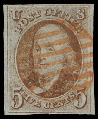 US Stamp Values Scott Cat. 1: 5c 1847 Franklin. Daniel Kelleher Auctions, Feb 2013, Sale 634, Lot 721