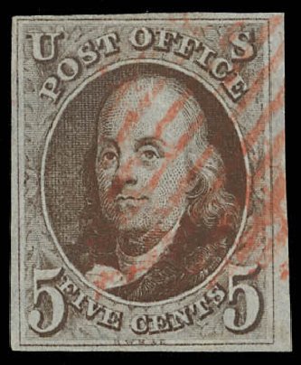 Cost of US Stamp Scott 1 - 5c 1847 Franklin. Daniel Kelleher Auctions, Feb 2013, Sale 634, Lot 801