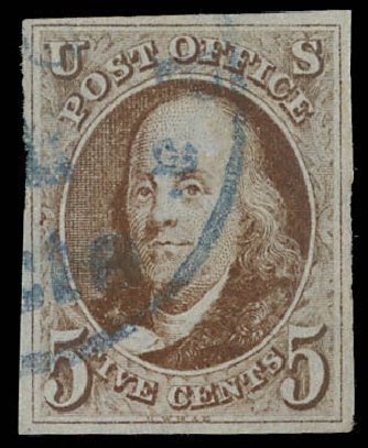 US Stamp Values Scott Catalog 1: 1847 5c Franklin. Daniel Kelleher Auctions, Feb 2013, Sale 634, Lot 821
