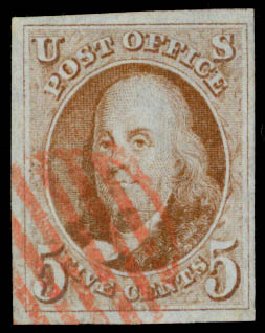 Value of US Stamp Scott Catalogue # 1: 1847 5c Franklin. Daniel Kelleher Auctions, Sep 2013, Sale 639, Lot 1001
