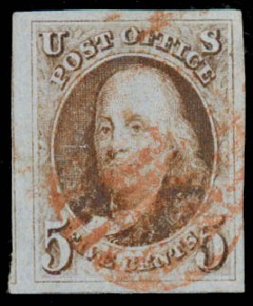 US Stamp Prices Scott Catalogue 1: 5c 1847 Franklin. Daniel Kelleher Auctions, Sep 2013, Sale 639, Lot 3041