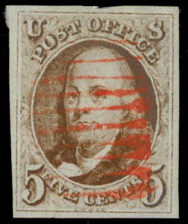 US Stamp Value Scott Catalogue # 1: 1847 5c Franklin. Daniel Kelleher Auctions, Sep 2013, Sale 639, Lot 3051