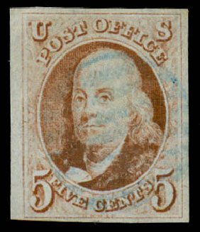 US Stamp Price Scott 1 - 1847 5c Franklin. Daniel Kelleher Auctions, Mar 2014, Sale 648, Lot 2001