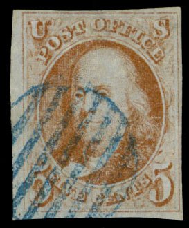 Value of US Stamps Scott Cat. #1 - 1847 5c Franklin. Daniel Kelleher Auctions, May 2014, Sale 652, Lot 41