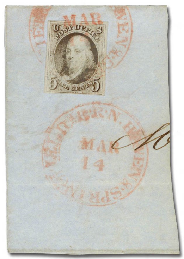 Values of US Stamp Scott Cat. 1: 1847 5c Franklin. Daniel Kelleher Auctions, Sep 2014, Sale 655, Lot 131