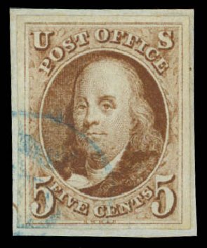Cost of US Stamp Scott Catalog #1: 5c 1847 Franklin. Daniel Kelleher Auctions, May 2015, Sale 669, Lot 2341