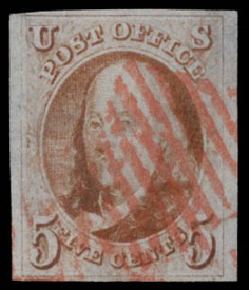 US Stamp Values Scott Catalog 1: 1847 5c Franklin. Daniel Kelleher Auctions, May 2015, Sale 669, Lot 2351