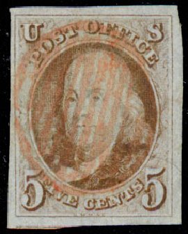 Costs of US Stamp Scott Catalog 1: 5c 1847 Franklin. Daniel Kelleher Auctions, Aug 2015, Sale 672, Lot 2081
